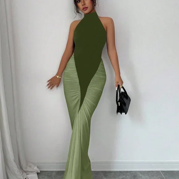 Army Green Elegant Women's Halter Neck Color Block Cinched Waist Fishtail Dress - Picture 6 of 6